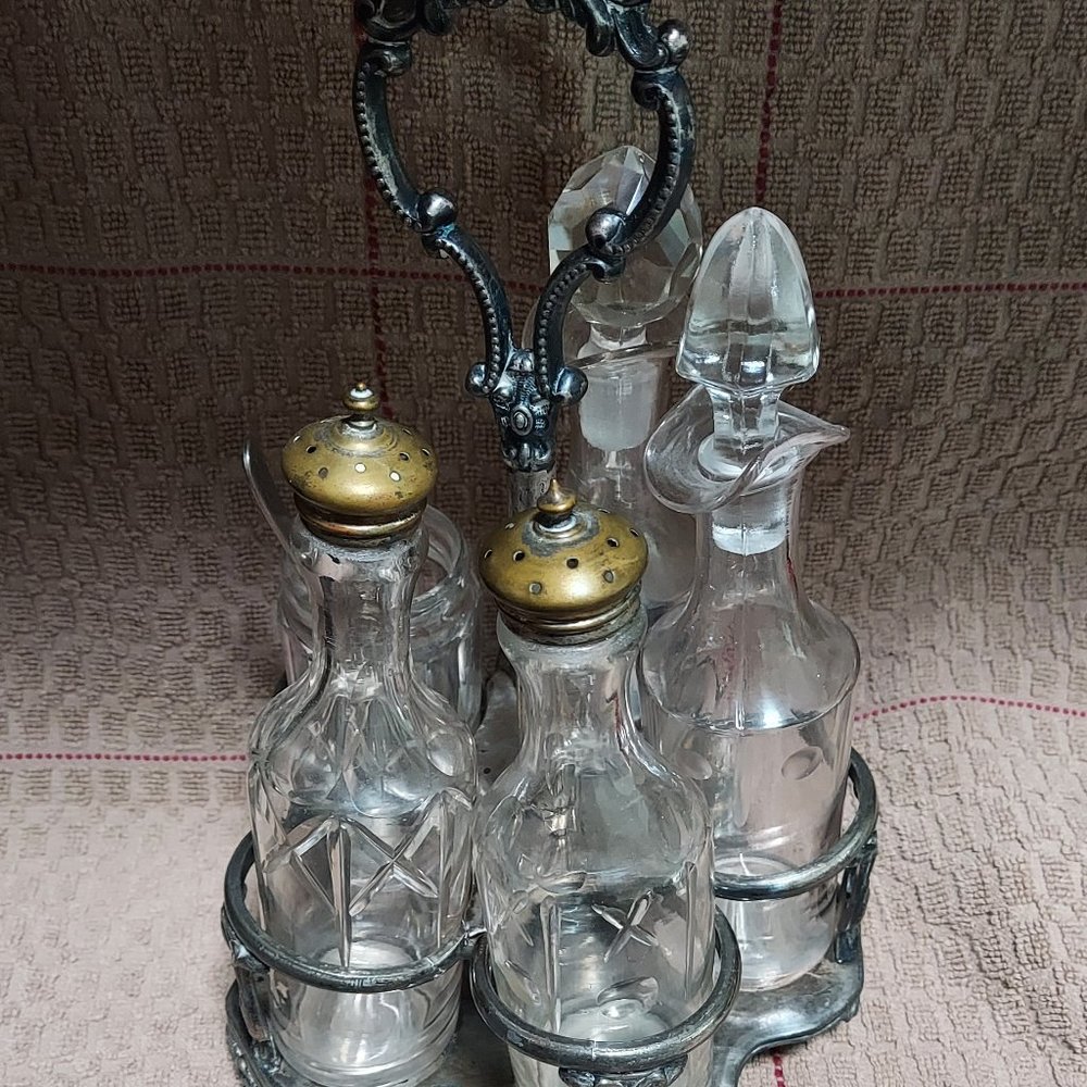 Vintage Etched Five Piece Cruet Set with Silver Caddy